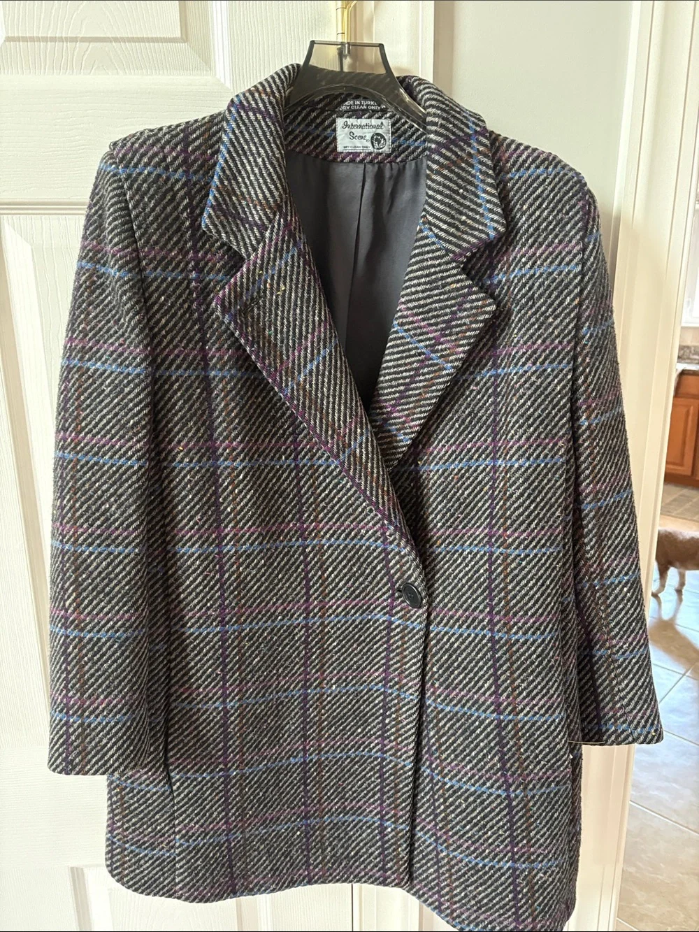 VTG Pure Wool Gray Tweed Plaid Coat Made in Turkey Womens Sz 9/10